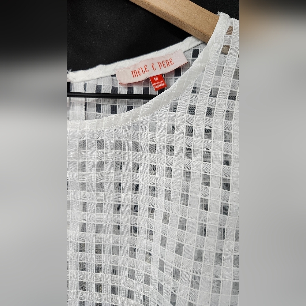 Mele E Pere Womens Puff Sleeve Top Size M White Sheer Modern Checkered Coquette - Picture 4 of 8